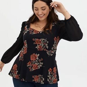 Torrid Black Floral Mesh Peplum Top